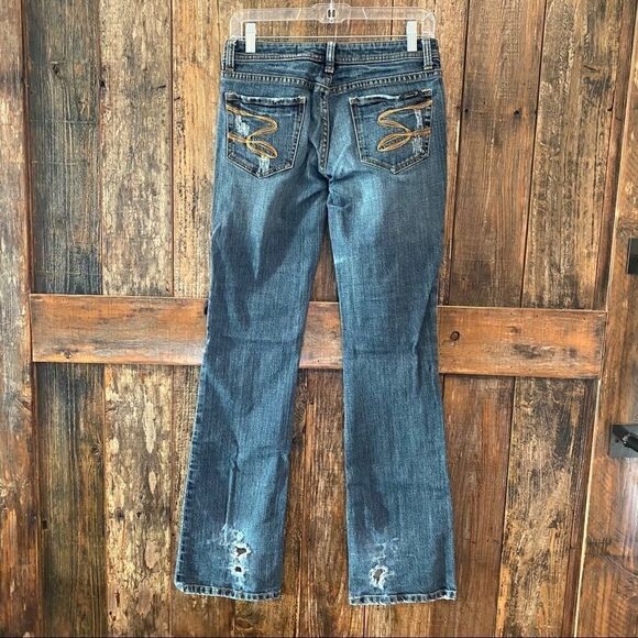 7 FOR ALL MANKIND Sz 27 ‘90s Blue Distressed Ripped Western Flare Stretch Jeans - Picture 3 of 12